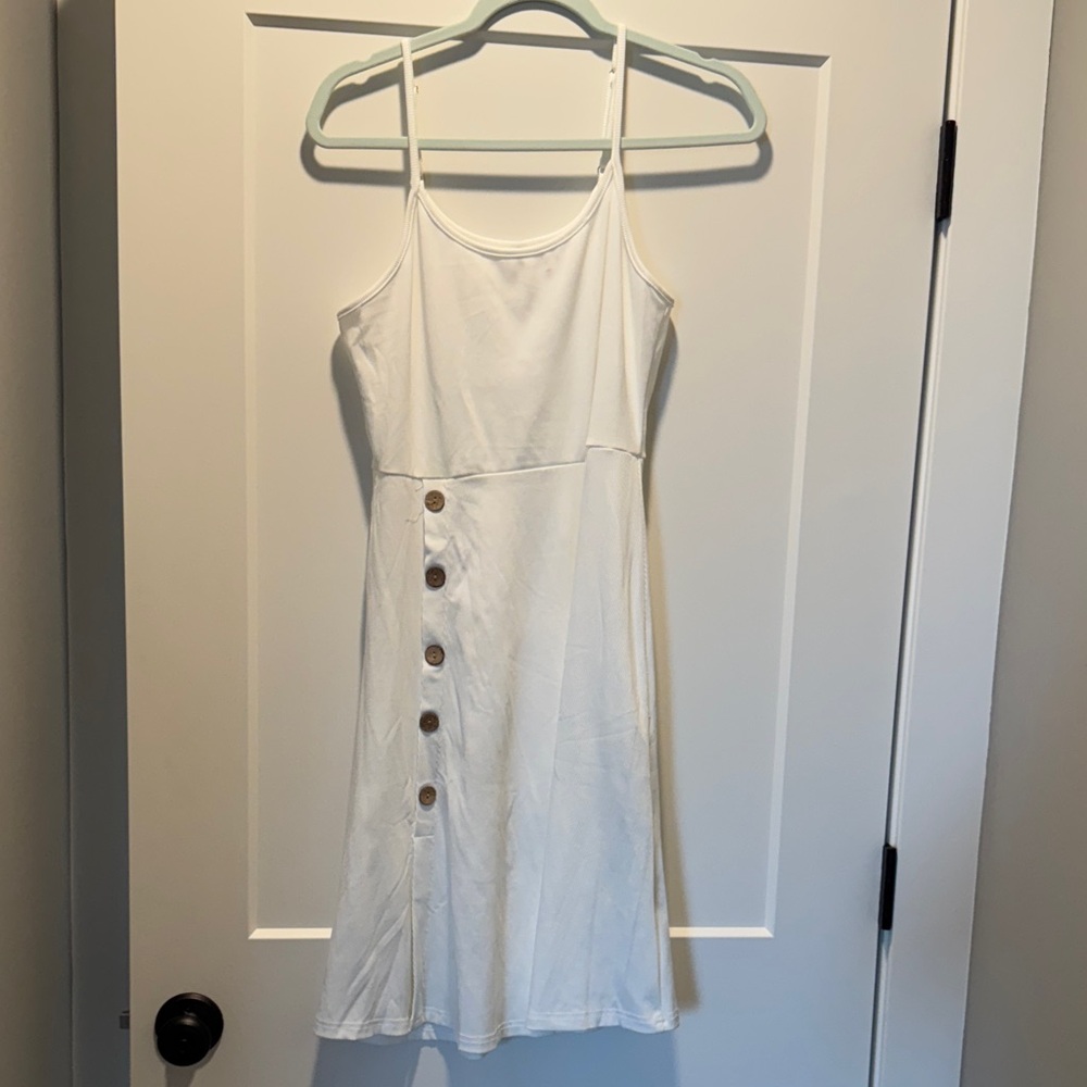 White Spaghetti Strap Button-Accent Dress